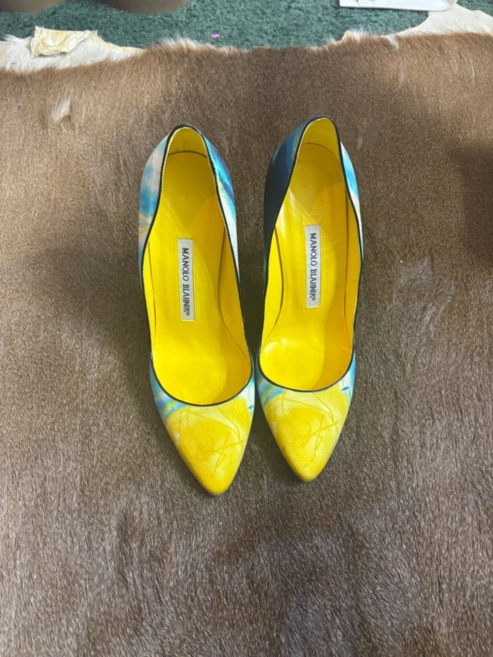 Manolo Blahnik Yellow and Blue Marble Point-Toe Stiletto